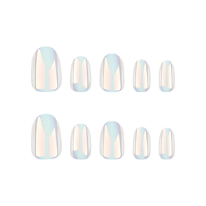 Glossy iridescent white press-on nails in oval shape with aurora finish set of 10