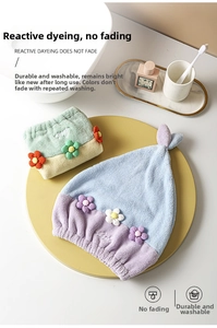 Coral fleece dry hair cap and hair band set featuring cute 3d flower cartoon design