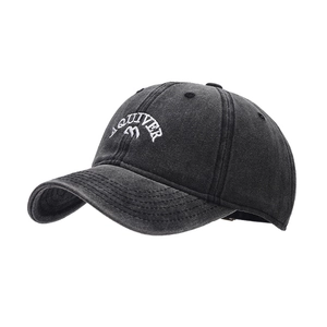 Washed dark grey baseball cap with white Aquiver embroidery on a white background