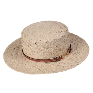 Classic woven raffia boater hat with a brown leather band and gold metal buckle