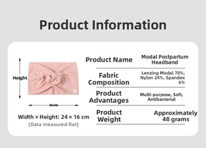 Size chart and specifications for pink modal postpartum headband for women