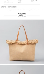 Detail of woven straw tote bag with long fringe trim and brown leather handles