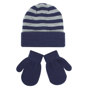 Kids winter knit beanie and mittens set with blue and grey stripes for warmth