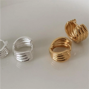 Ribbed Hoop Earrings 925 Sterling Silver 18K Gold Plated Pleated Textured Huggie For Women Minimalist French Retro