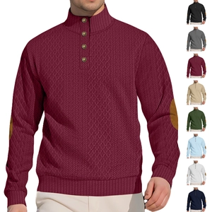 Men Knitted Sweater Stand Collar Button Half Placket Long Sleeve Retro Casual Top With Contrast Elbow Patches Polyester