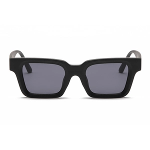Classic matte black square frame sunglasses with dark grey lenses in a minimalist style