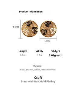 Detailed specs of French vintage camellia enamel earrings with brass and zircon detail