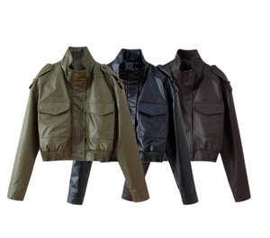 Three colors of faux leather cropped jackets with utility pockets and elastic hems