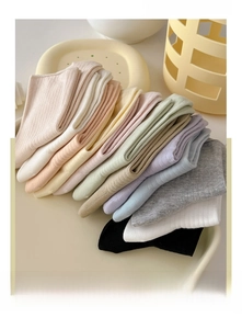 Close-up of cotton mid-calf socks with vertical ribbed knit and loose cuff design