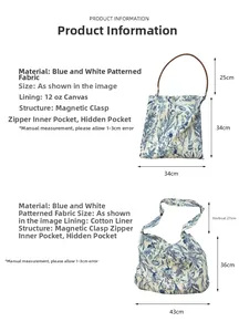 Detail view of blue and white porcelain pattern tote bags with sizes and internal structure