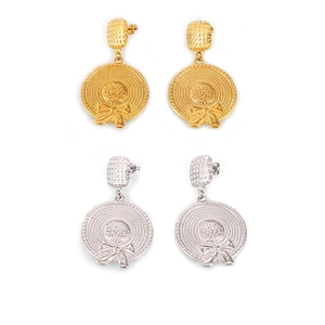 Creative Straw Hat Drop Earrings Titanium Steel Woven Texture Bowknot Pendant Sweet Fashion Jewelry For Women
