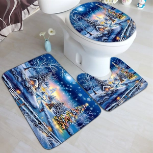 Detailed Christmas bathroom mat set featuring snowy winter night scene with festive house decor