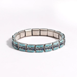 Detail of blue dolphin pattern on modular stainless steel stretch link bracelet