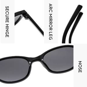 Detail of secure hinges, arc mirror legs and integrated nose pads on black sunglasses