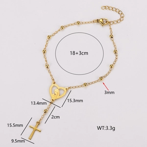 Bracelet chapelet en acier inoxydable 304 plaqué or 18k avec cœur et pendentif croix