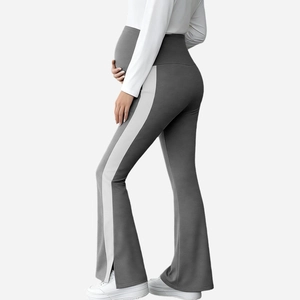 Detail of high waist maternity flare pants with side stripes and comfortable belly support