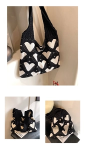 Detailed views of a black and white knitted tote bag with repeating heart patterns
