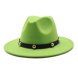Classic bright green wool fedora with flat brim and gold-studded black band trim