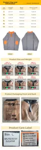 Detailed size chart, weight and fabric labels for color block half-zip fleece sweatshirt