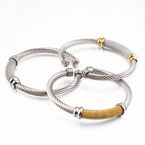 Three-piece stackable 18K gold and silver stainless steel cable twist open cuff bracelets