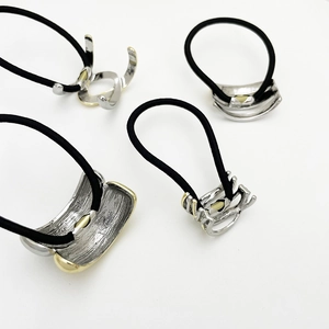 Minimalist elastic ponytail holder set with two-tone silver and gold geometric metal accents