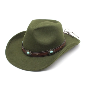 Detail of dark green wool felt cowboy hat with leather band and turquoise studs