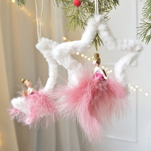 Pink Feather Angel Fairy Hanging Ornament With White Plush Moon Star Heart Shape Resin Doll Christmas Tree Decoration
