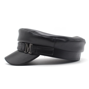 Classic black PU leather captain hat with a silver metal M badge on a white background