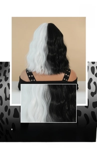 Macro detail of high-quality matte heat-resistant fiber texture on Cruella cosplay wig