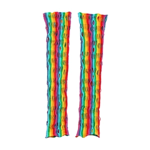 Detailed close-up of rainbow striped mesh knit gloves with punk-style hollow-out texture