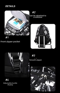 Detailed view of trolley sleeve, smooth zippers and adjustable buckles on graffiti backpack