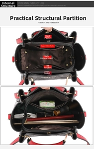 Detail view showing internal compartments and large capacity for tablet and cosmetics