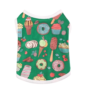 Green summer pet vest featuring colorful dessert prints like donuts and ice cream