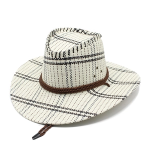 Detail showing checkered woven straw texture and adjustable drawstring on cowboy hat