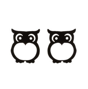 Minimalist black hollow owl earrings in matte stainless steel with cute animal design
