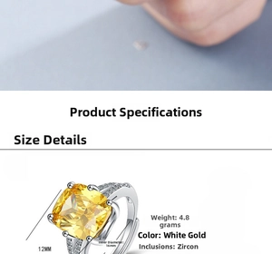 Detail showing 12mm square yellow zircon ring dimensions and 4.8g weight specs