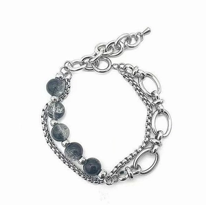 Bracelet double chaîne en acier titane avec perles craquelées style hip-hop unisexe
