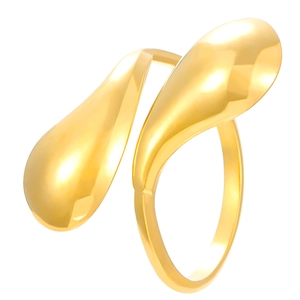 Macro view of gold-finish adjustable ring showing sleek water drop shape and polished metal