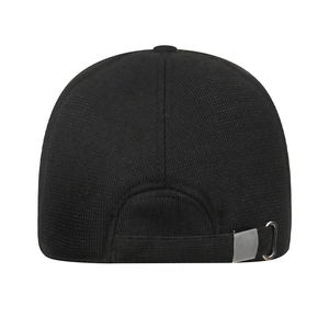Rear view of black thermal baseball cap for men featuring adjustable metal buckle strap