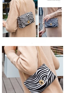 Detail of zebra pattern crossbody bag featuring golden chain strap and round metal buckle