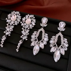 Luxury Rhinestone Drop Earrings For Women Long Tassel Water Drop Flower Hollow Alloy With Silver Earring Post