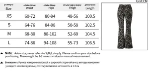 Size chart detail for leopard print high waist flare pants with measurements in cm
