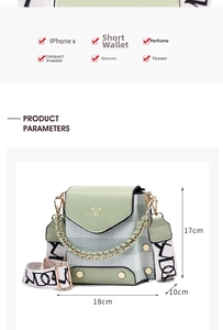 Detail showing the mini crossbody bag capacity and dimensions of 18cm x 17cm x 10cm
