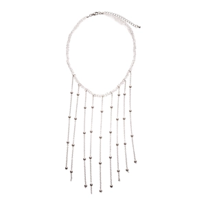 Elegant long silver tassel necklace with transparent crystal beads on white background