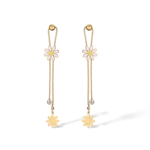 Detail view of 18K gold plated daisy drop earrings with delicate chains and rhinestones