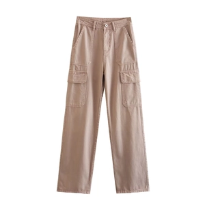 Front view of khaki straight-leg cargo pants with side pockets on a white background