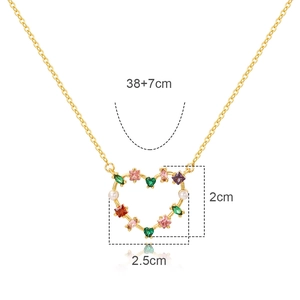 18K gold plated necklace with colorful zircon heart pendant and pearl detail 38+7cm