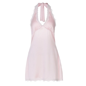 Detail of pink satin nightdress featuring delicate white lace trim and backless design