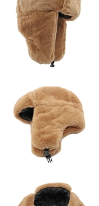 Three-angle views showing camel faux fur ear flap hat with black quilted lining