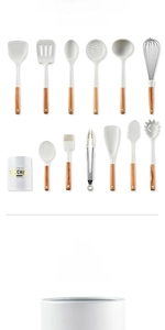 Detailed view of 13pcs silicone kitchen utensil set with wooden handles and storage bucket